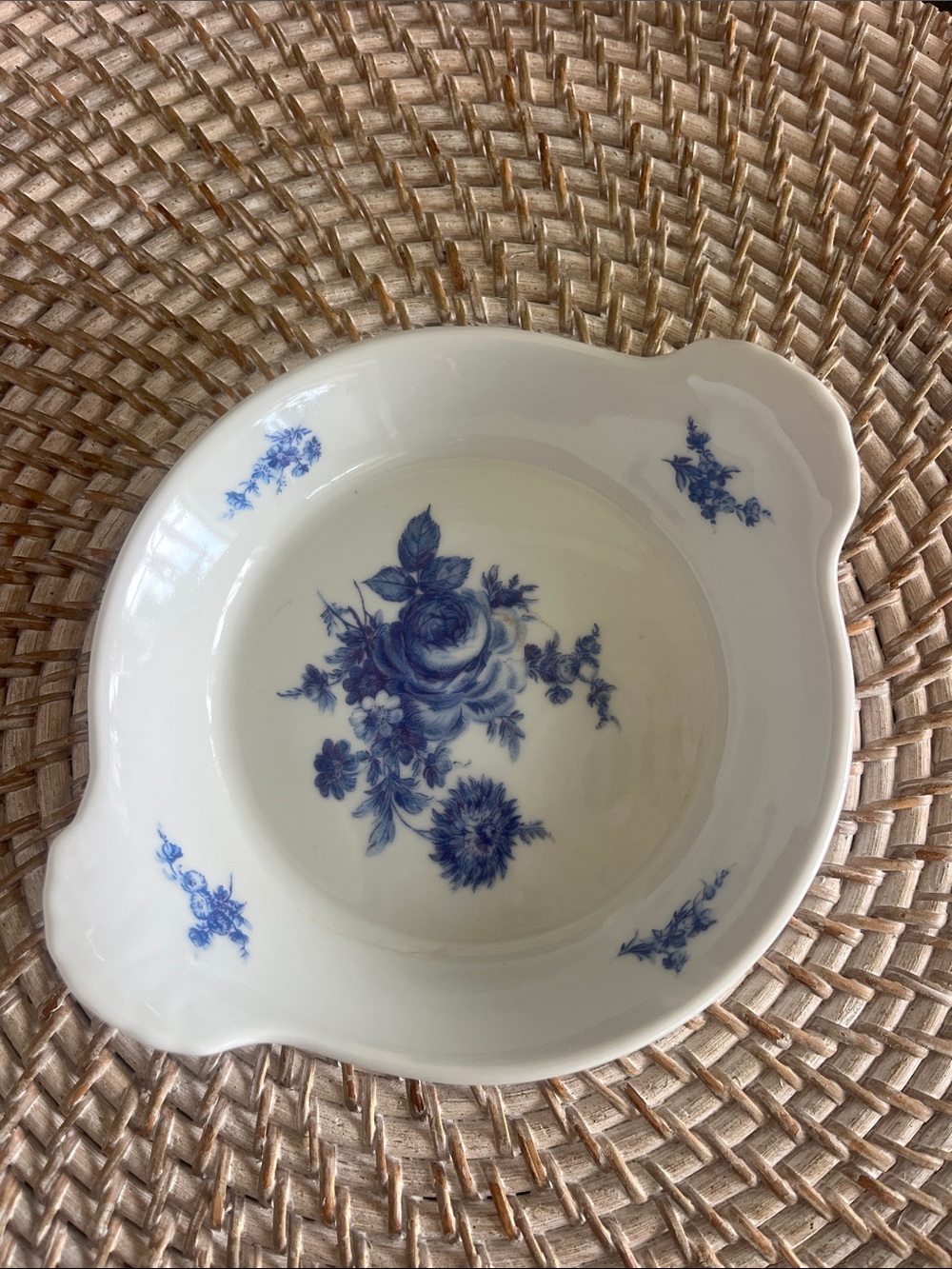Vintage Apilco porcelain white and blue flowers 4 1/2 inch dish with handles